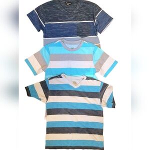 Boys Lot Of 3 Striped Kids T-Shirts - Blue, Gray, and White Size 10/12